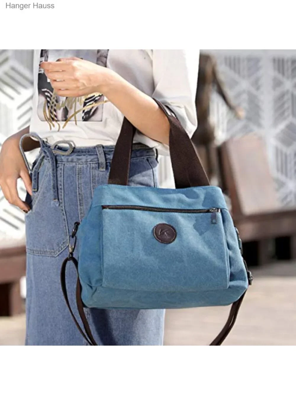 Canvas Hobo Crossbody Bag with Triple Zip Pockets, Medium Tote